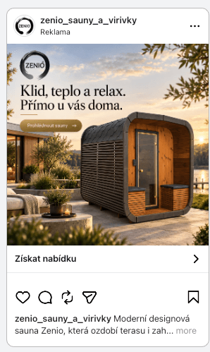 Reklama na Instagramu: sauna Zenio, banner z AI