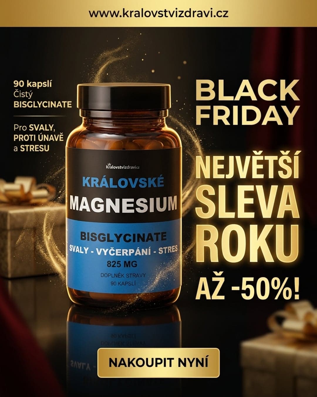 Black Friday banner na hořčík Království zdraví – jeden obecný prompt